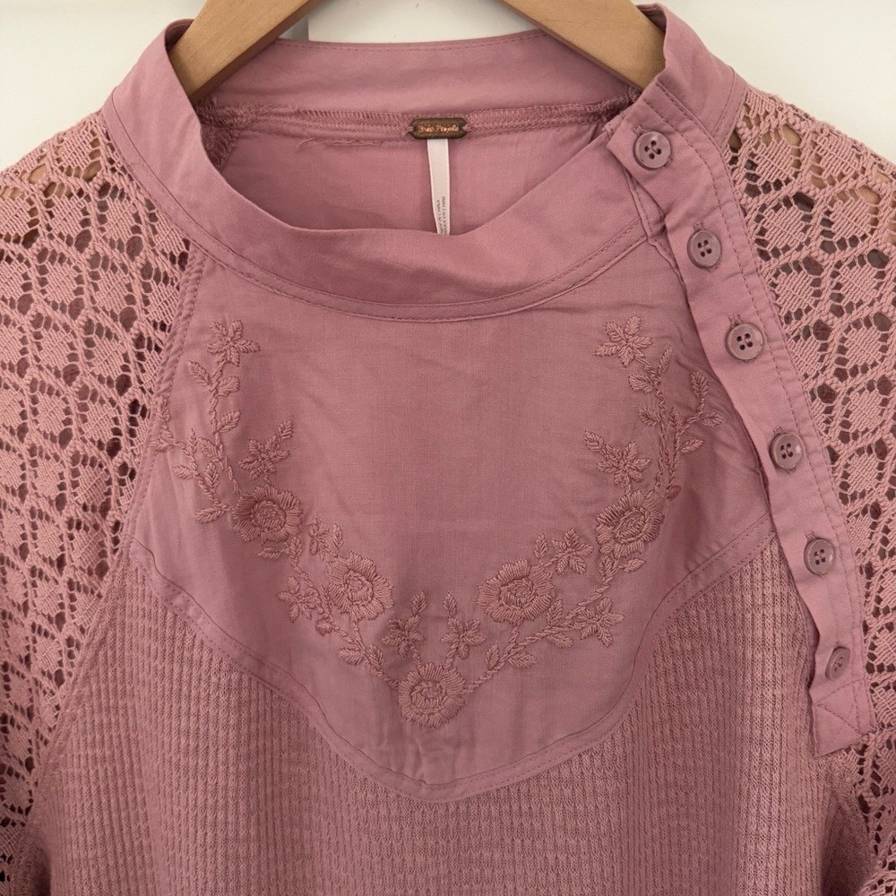 Free People Women's‎ Sweetest Thing Thermal Pink Blush Top Lace Balloon Sleeve M - Picture 6 of 16